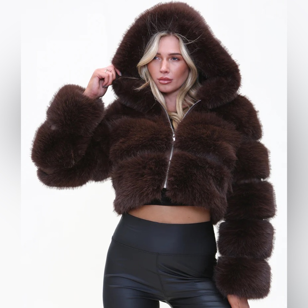 Women's Black Faux Fur Hoodie Jacket - Picture 9 of 10